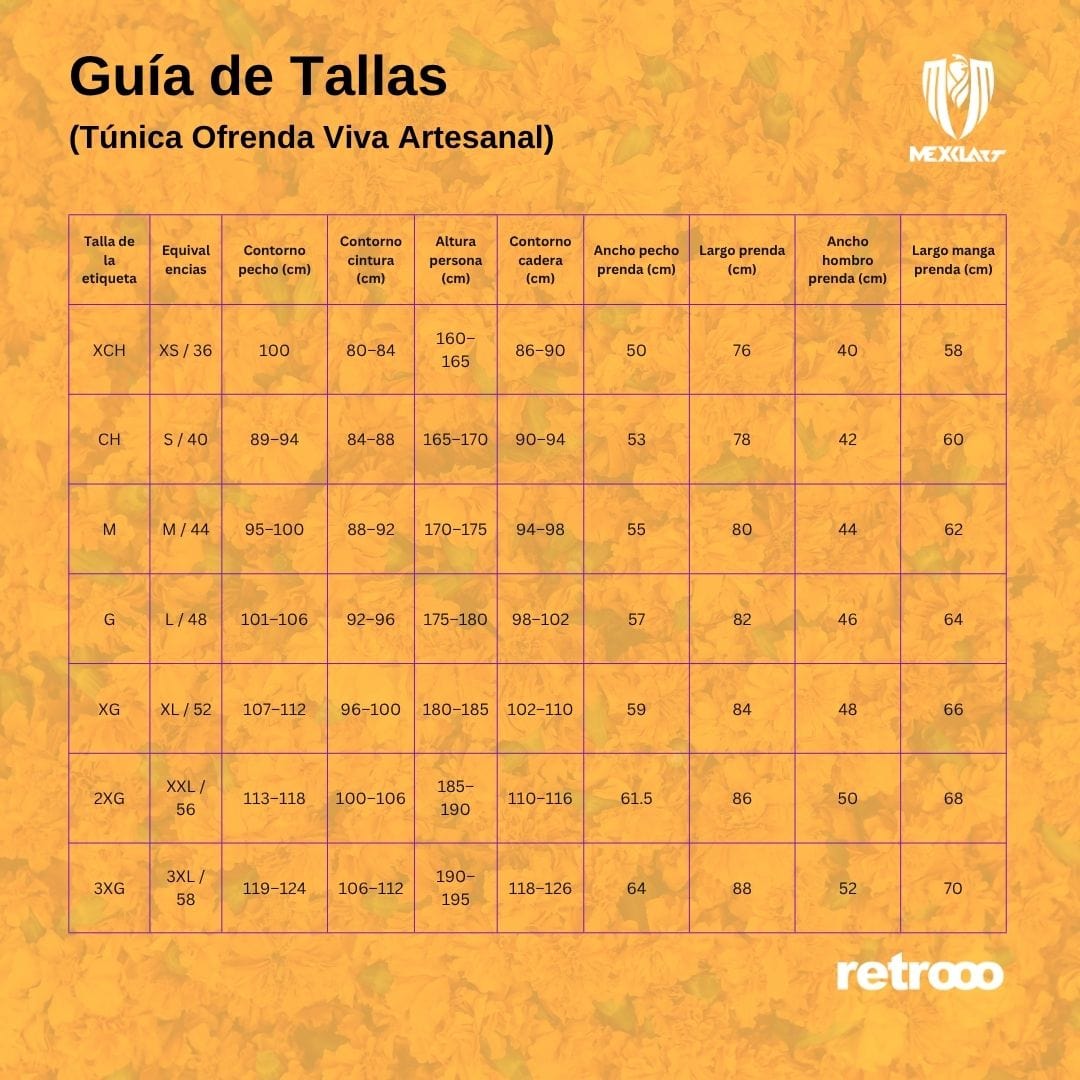 Cuadro tallas túnica Mexclart medidas exactas