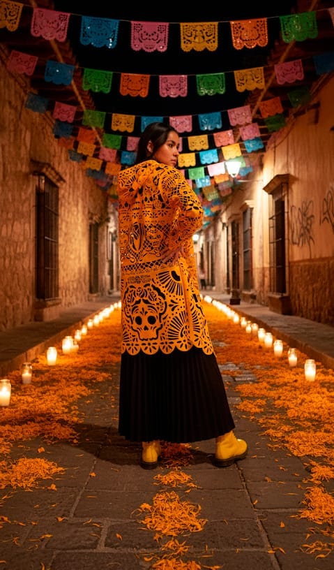 Túnica Mexclart naranja corte láser vista trasera completa

Modelo mujer joven usando túnica arte textil naranja cempasúchil

Detalle de calaveras y patrones mexicanos en corte láser