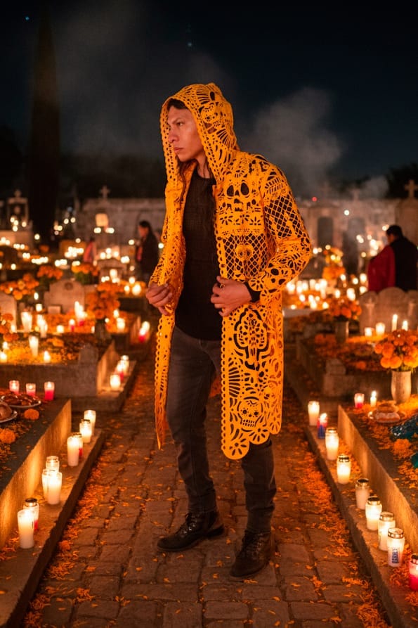Modelo posando túnica ceremonial mexicana naranja

Túnica Ofrenda Viva Cempasúchil Lateral

Prendas ceremoniales Día de Muertos 