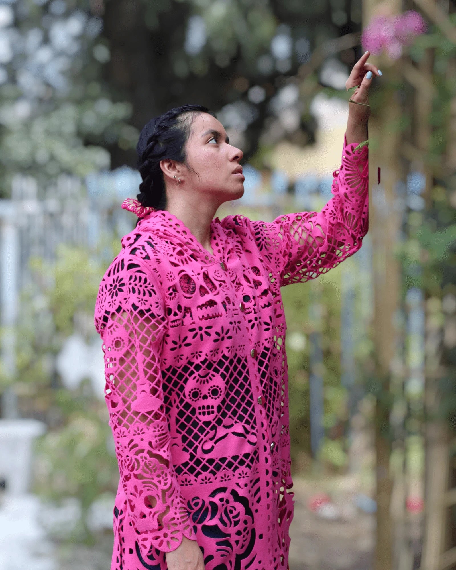 Retrooo.com Chaqueta Túnica abrigo Mexclart Ofrenda Viva Arte Textil Mexicano - Edición Rosa Mexicano