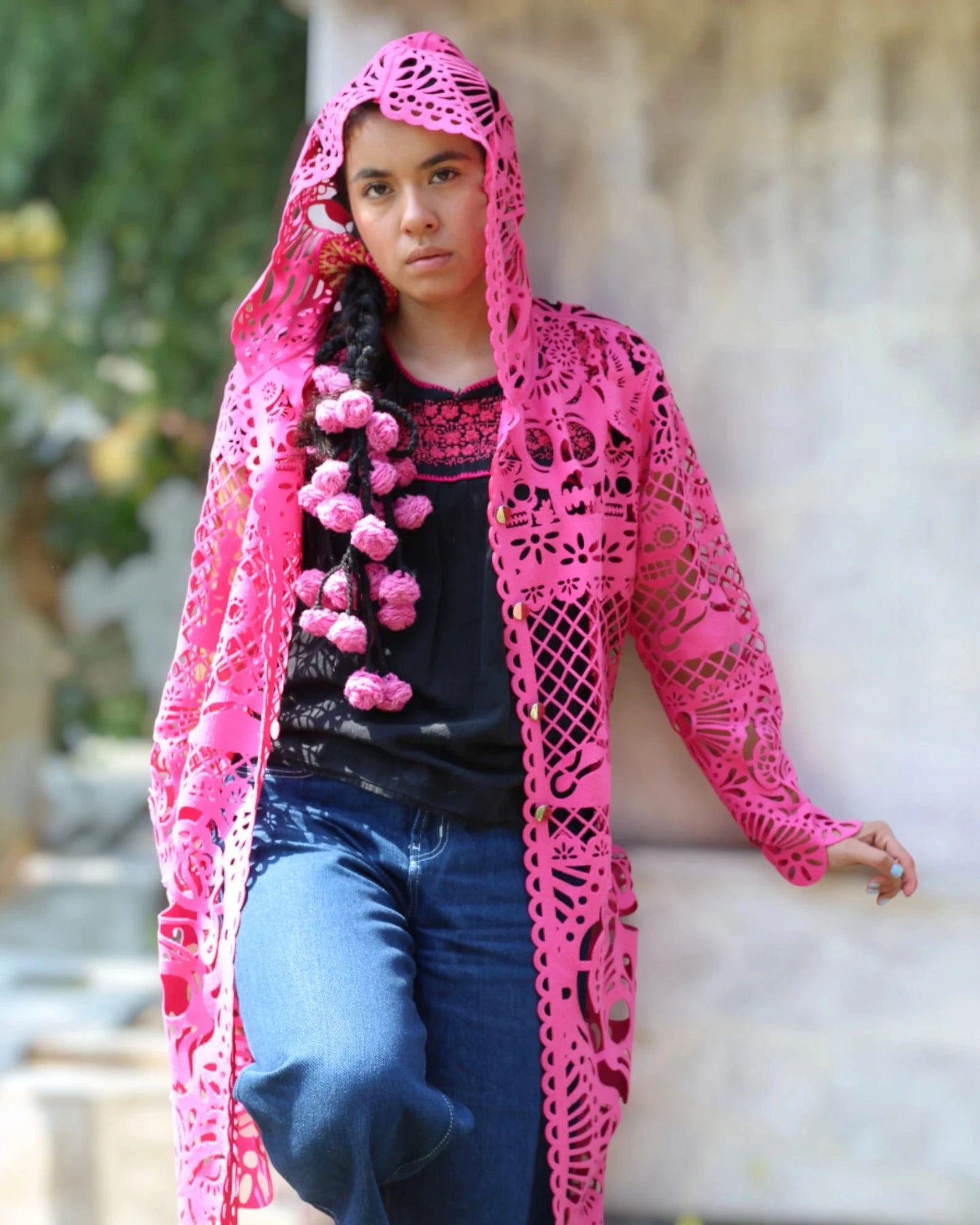 Retrooo.com Chaqueta Túnica abrigo Mexclart Ofrenda Viva Arte Textil Mexicano - Edición Rosa Mexicano