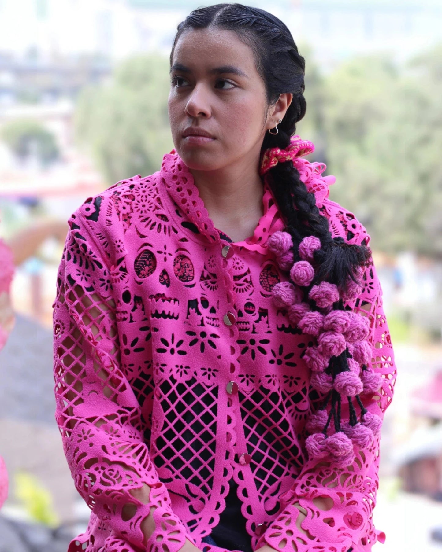 Retrooo.com Chaqueta Túnica abrigo Mexclart Ofrenda Viva Arte Textil Mexicano - Edición Rosa Mexicano