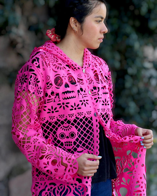 Retrooo.com Chaqueta Túnica abrigo Mexclart Ofrenda Viva Arte Textil Mexicano - Edición Rosa Mexicano