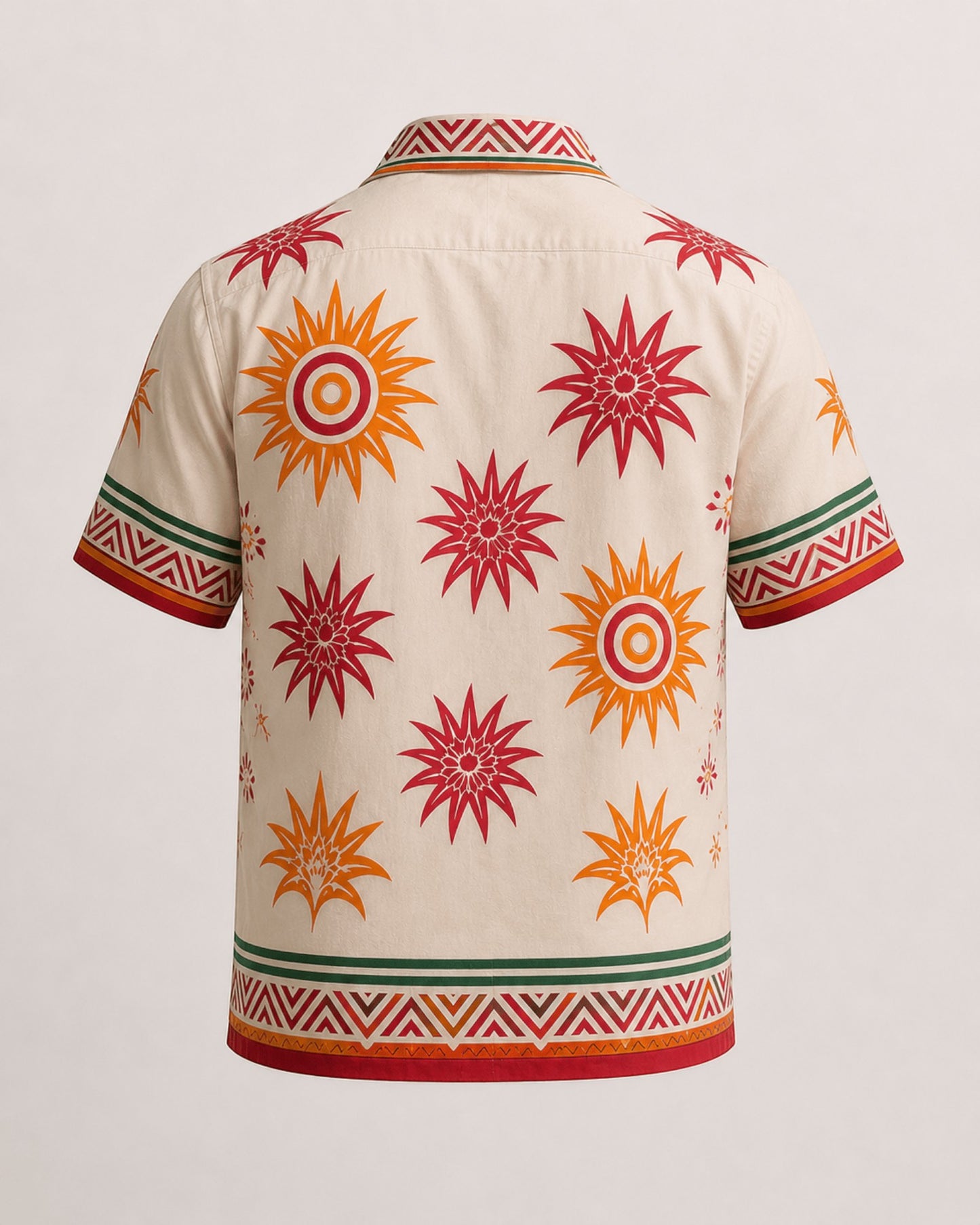 Back view of Retrooo.com cream Hawaiian shirt with red and orange sun patterns and green geometric trim.