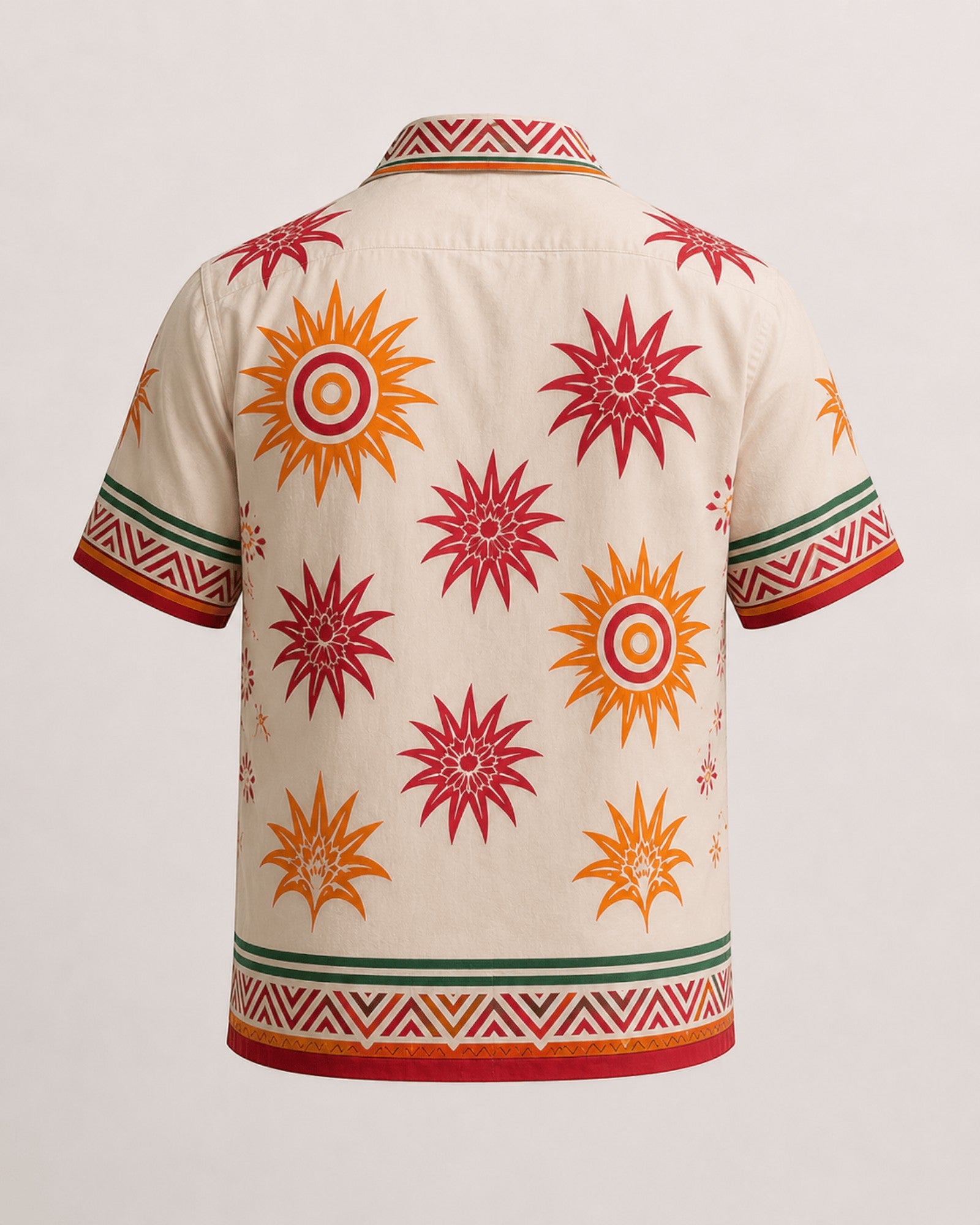 Back view of Retrooo.com cream Hawaiian shirt with red and orange sun patterns and green geometric trim.