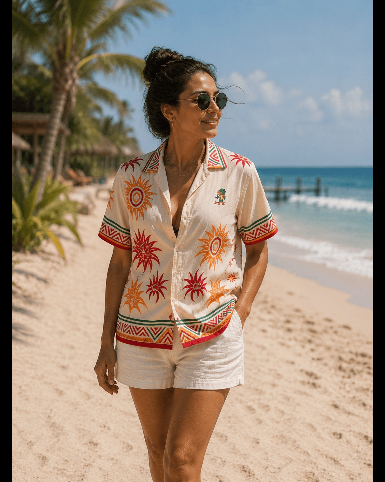 Woman wearing a Retrooo.com cream Hawaiian shirt with sun patterns and a small embroidered Quetzalcóatl on the chest.