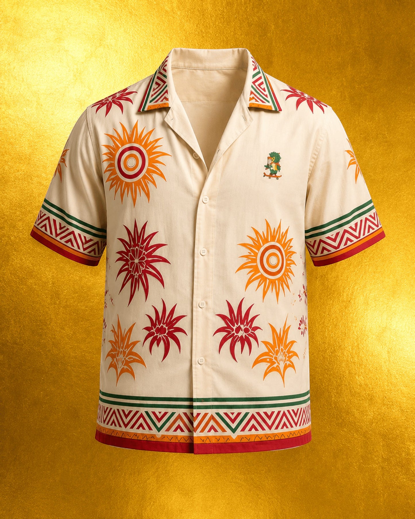 Retrooo.com Hawaiian shirt in cream with red, orange, and green sun and floral patterns, featuring a Quetzalcoatl patch