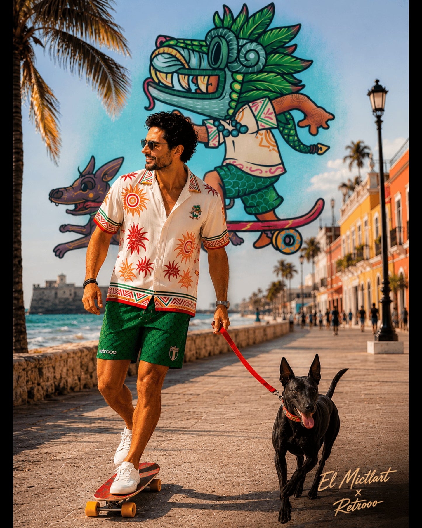 Retrooo.com Hawaiian shirt featuring a Quetzalcóatl embroidery, worn by a man skateboarding with a Xoloitzcuintle dog.