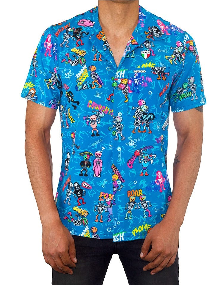 Retroooclothes Camisa Azul / Lino (más casual y natural) / XCH / XS Camisa Hawaiana Retrooo México Lucha Acción