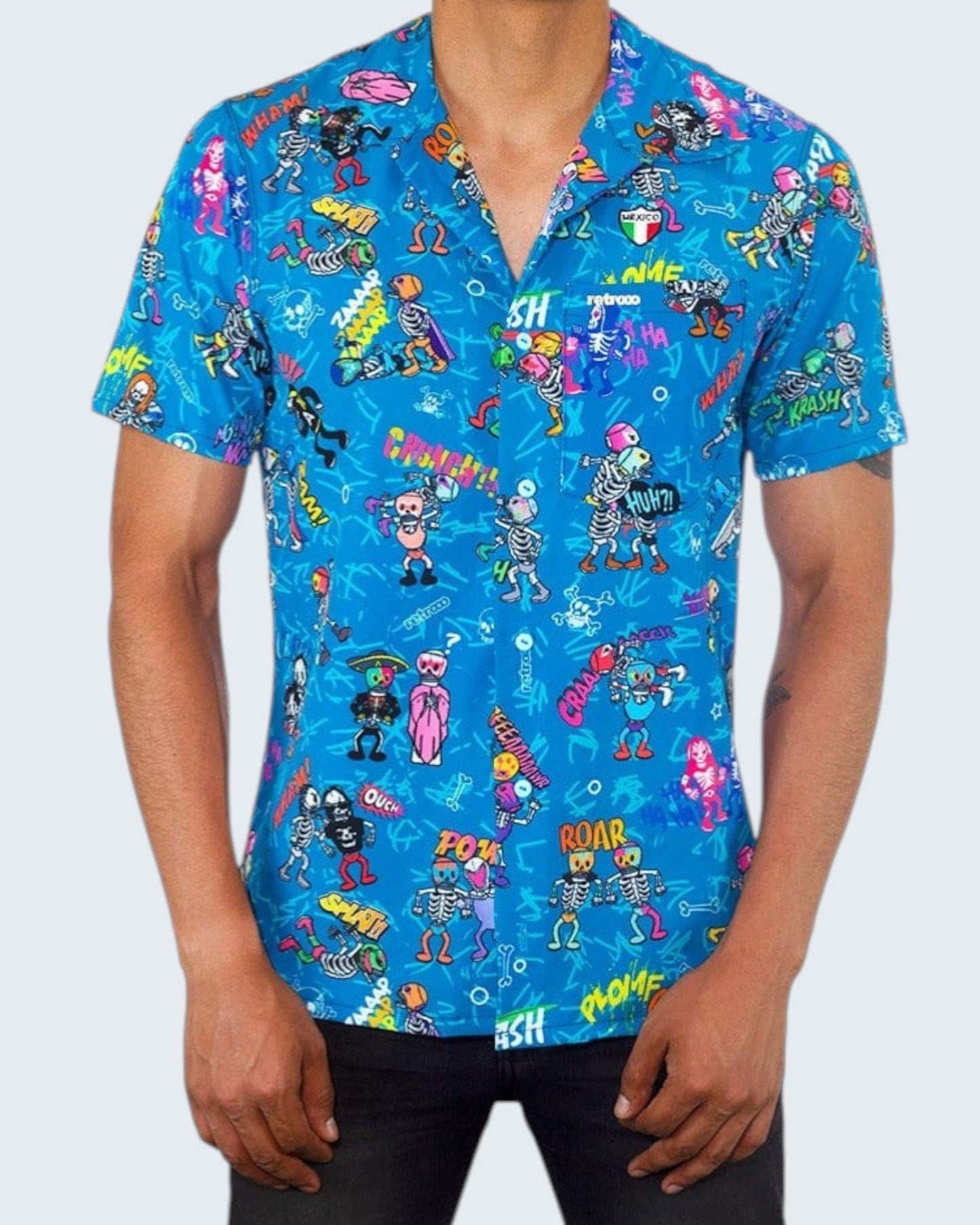 Retroooclothes Camisa Azul / Lino (más casual y natural) / XCH / XS Camisa Hawaiana Retrooo México Lucha Acción