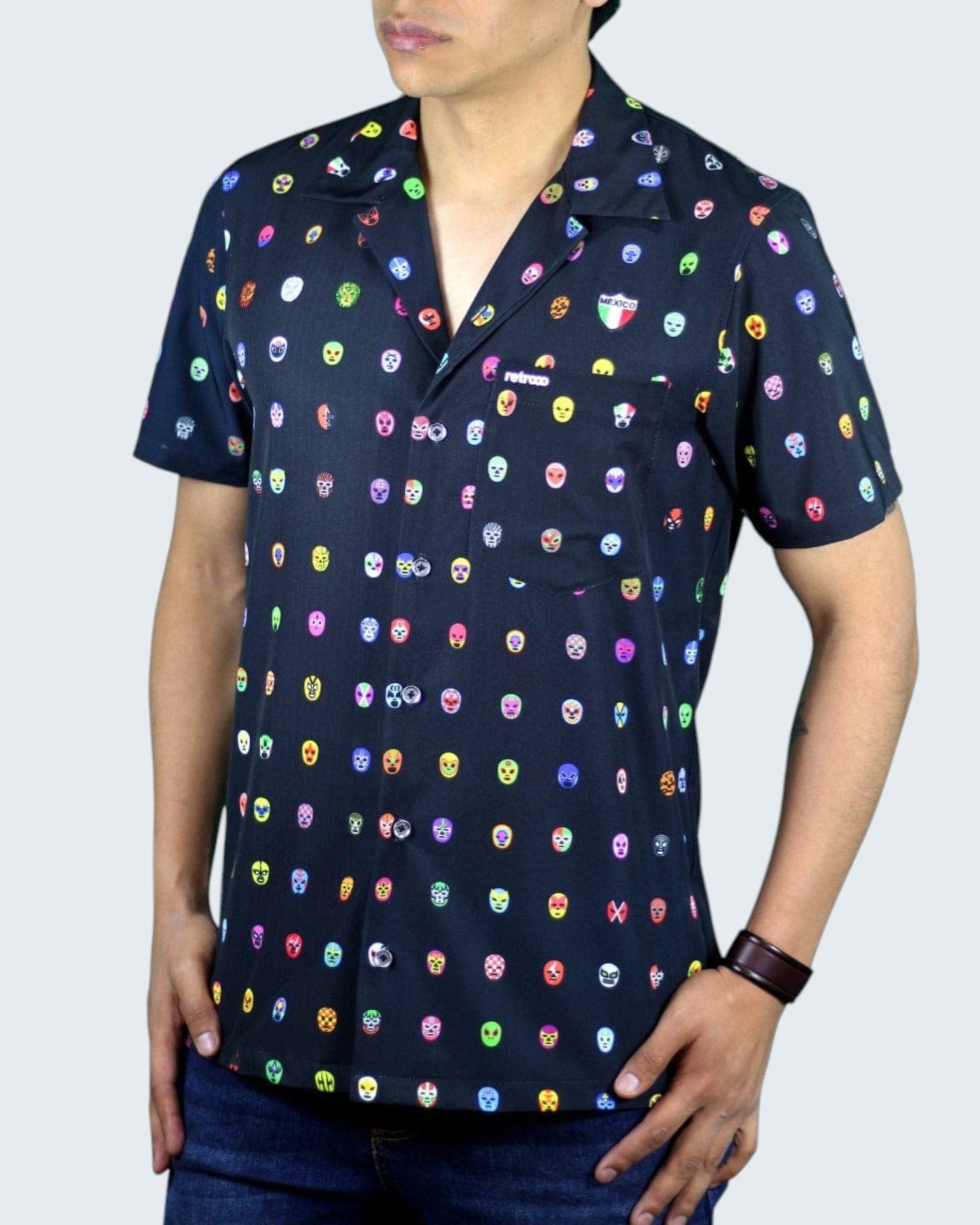 Retroooclothes Jersey Camisa Hawaiana Retrooo México Mascaritas Negro