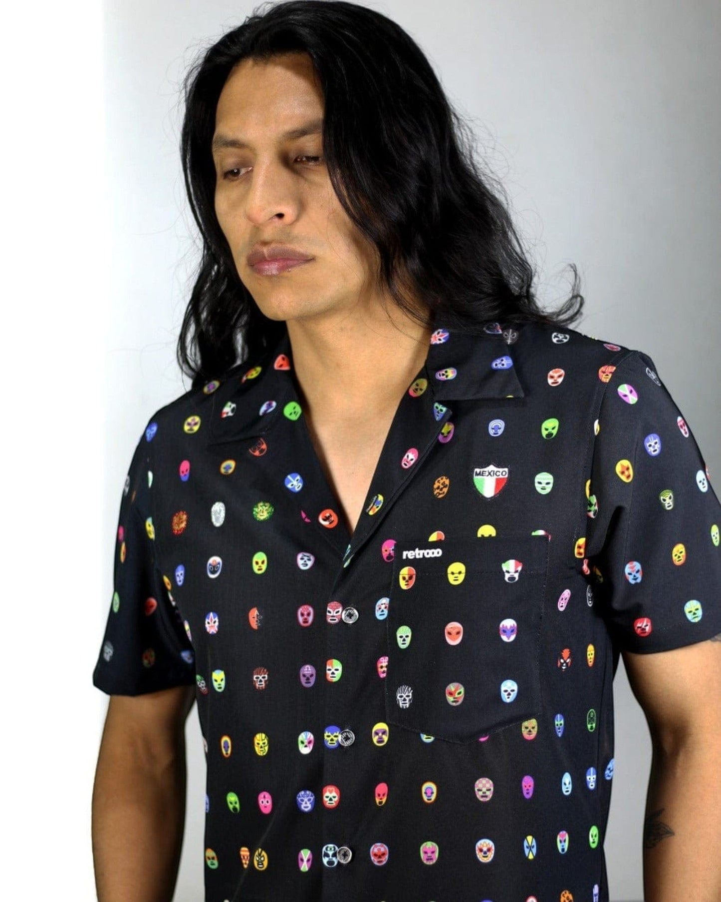 Retroooclothes Jersey Camisa Hawaiana Retrooo México Mascaritas Negro