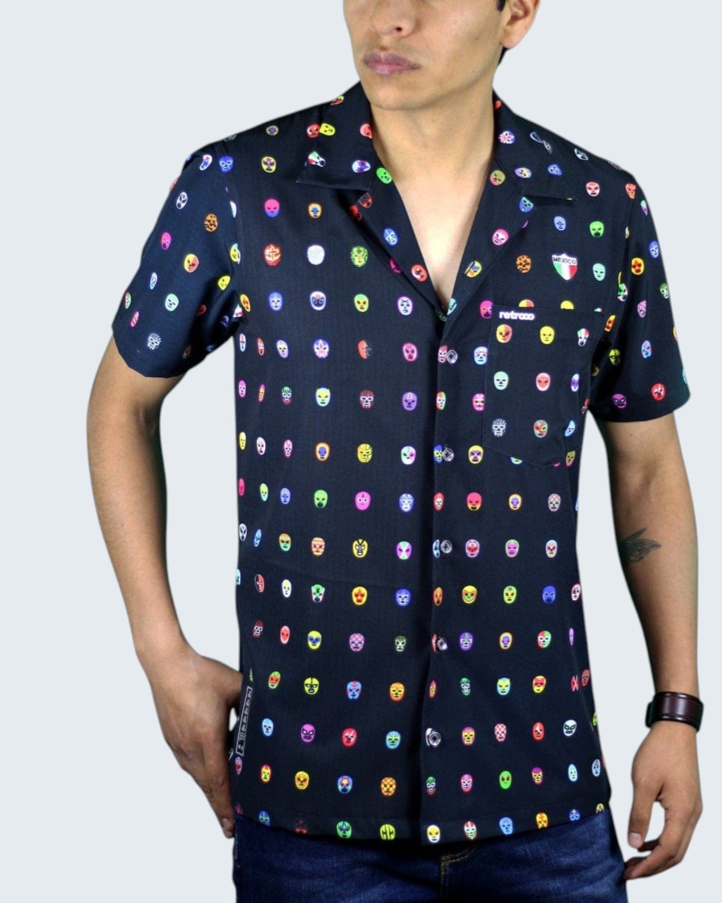 Retroooclothes Jersey Camisa Hawaiana Retrooo México Mascaritas Negro