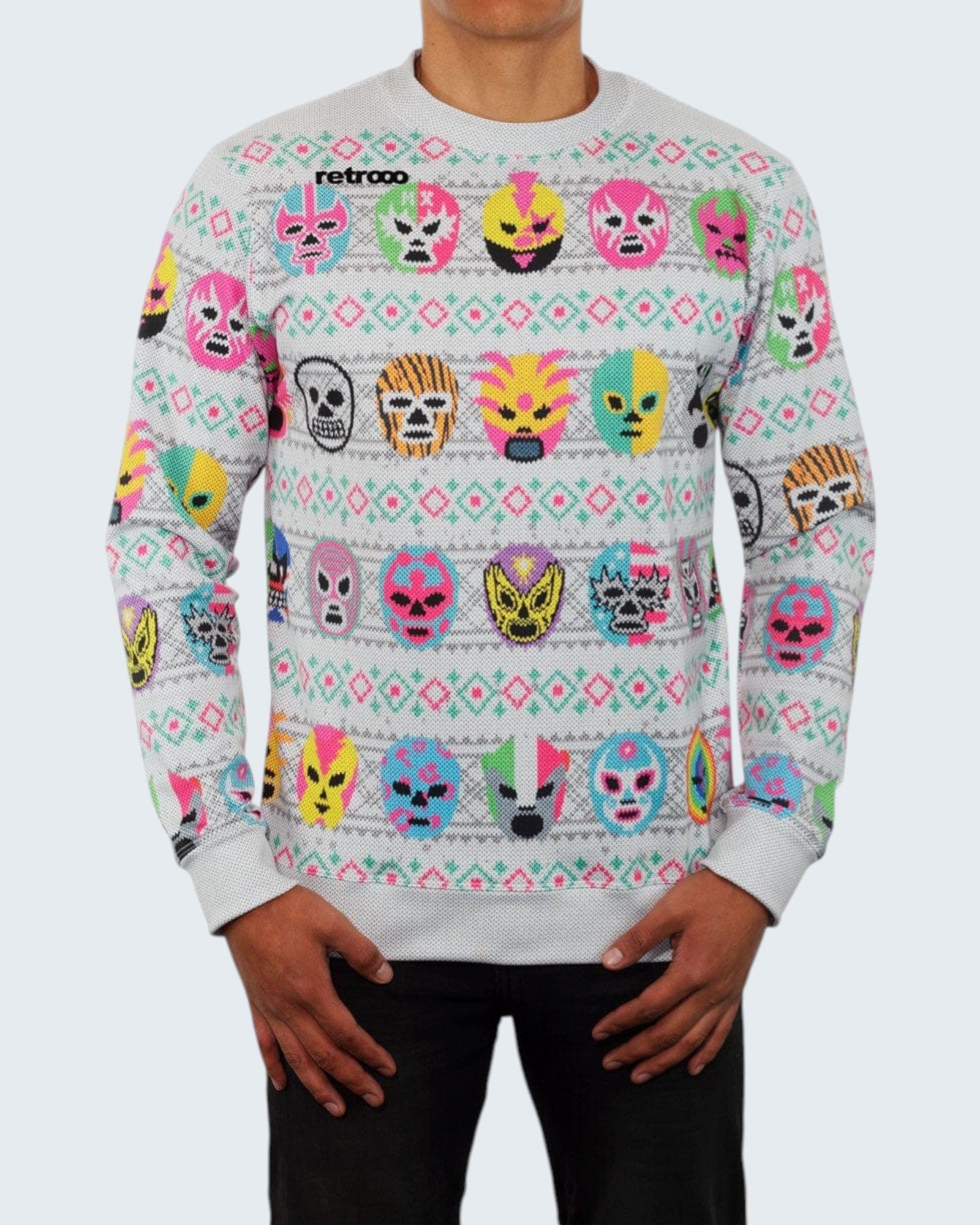 Retroooclothes Sueter Gris / CH - S Ugly Sweater Lucha Libre Navidad